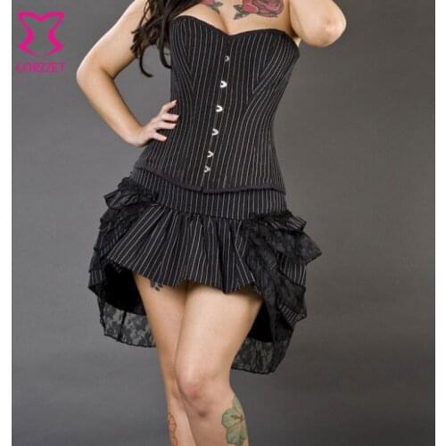 Gotico Pinstripe Cotton Black Corset Woman Corselet Overbust Steampunk Corsets And Bustiers Burlesque Costume For Waist Trainer
