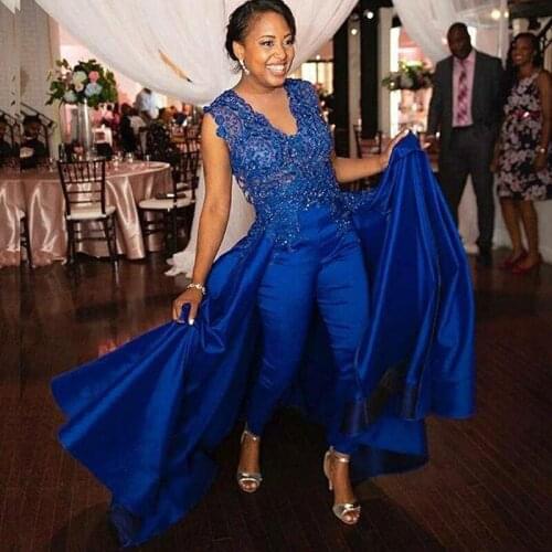 Royal Blue Jumpsuit Prom Dress V Neck Lace Appliques Beaded Sequined Outfit Evening Party Dresses Ankle Length Formal Gown