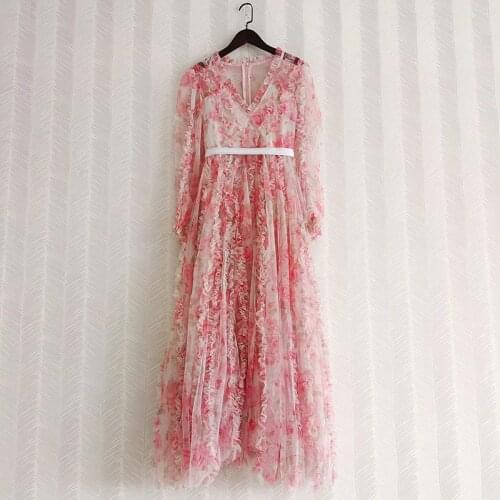 Summer 2021 Fashion womens floral print V-neck mesh dress High quality ruffles birthday party dress B458