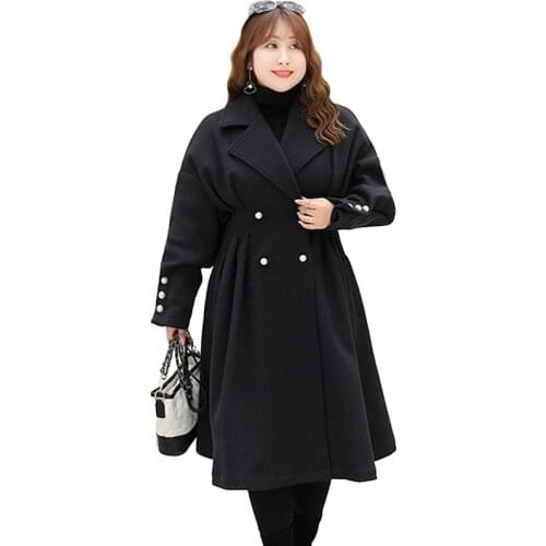 2019 Oversize Woolen Coat Women for Autumn Winter Bat sleeve Elastic waist Black Woolen Jacket Female Plus size Outerwear G716