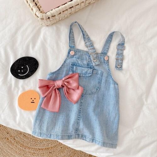 2021 Girls Spring Autumn Summer Denim Dress Baby Kids Pink Bow Strap Dresses Children Casual Clothes