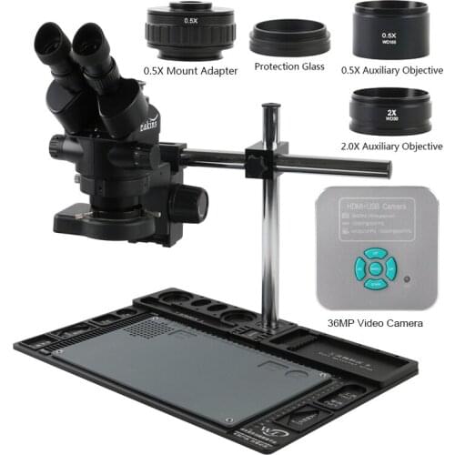3.5X-90X 7X-45X Continuous Zoom Trinocular Stereo Microscope + 36MP 1080P HDMI USB Video Microscope Camera + Aluminum Alloy Base