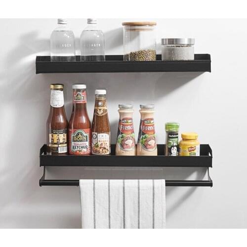 Black Space Aluminum Bathroom Shelving Wall-Mounted Towel Rod Kitchenware Storage Rack Seasoning Rack Knife Rack
