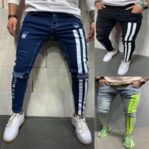 Skinny Ripped Jeans Men Pants Pencil Biker Side Striped Destroyed Hole Hip Hop Slim Fit Man Scratched Jean Trousers Street Cloth