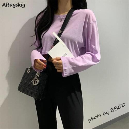 T-shirts Women Solid O-neck Casual Tender Ladies Students Streetwear Hip Hop Crop Tops Tees Fashion Ulzzang All-match Stylish BF