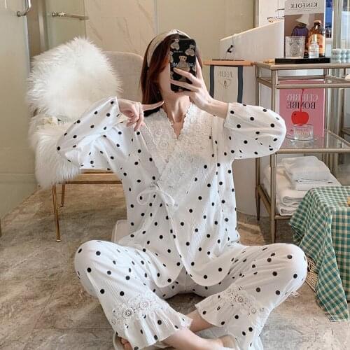 Cotton Patchwork Lace Maternity Nursing Sleepwear Sets Pajamas Suits Clothes for Pregnant Women Pregnancy Home Lounge Wear