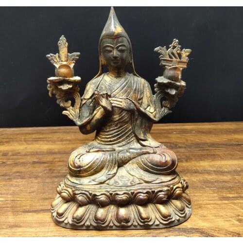 9"Chinese temple collection Old Bronze Cinnabar Lacquer Tsongkhapa Sitting Buddha Tibetan Buddha Ornaments Town House Exorcism