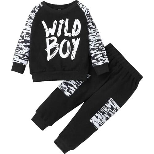 Toddler Boy 2Pcs Fall Outfits Trendy Letter Print Long Sleeve Tops and Elastic Waist Pants Set