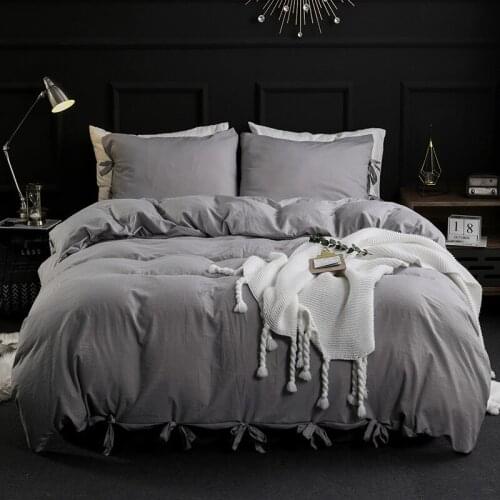 2/3pcs Set Simple Solid Color Ribbon Duvet Cover Set Grey White Comforter Cover Set Pillowcase Bedding Set Bed Linen Queen