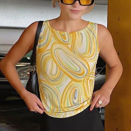 Summer Women Casual Round Collar Vest Female Yellow Printed Patterns Sleeveless Tops S M L