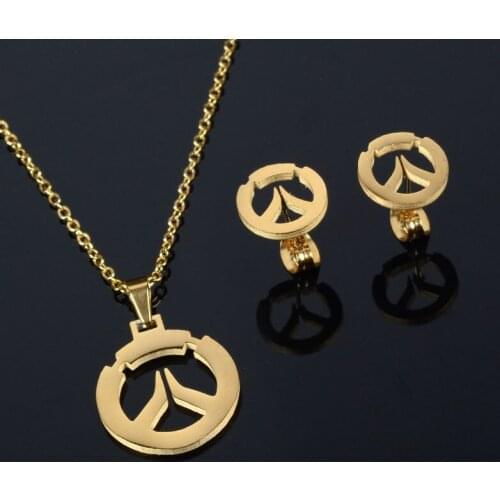 Bear face metal-colored necklaces and earpins set