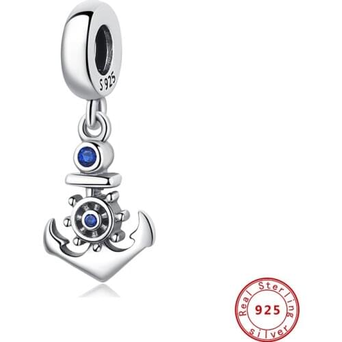New Original 925 Sterling Silver Beads Anchor Rudder Dangle Charm Blue CZ Fit Pandora Bracelets Women DIY Jewelry Dropship