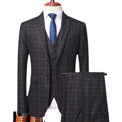 Jacket+Vest+Pants) Classic Plaid Tweed Suit for Men Slim fit Groom Wedding Tuxedo Blazer Male Formal Business 3 PCS Set 2021