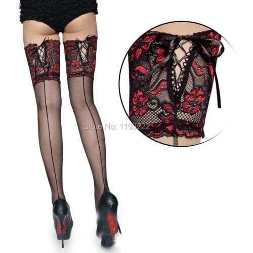 Punk Maid Sexy Cuban Heel Back Seam Stockings Wide Lace UP Hold Up Silicone 16cm Floral Top Thigh High Cross Bandage Stockings