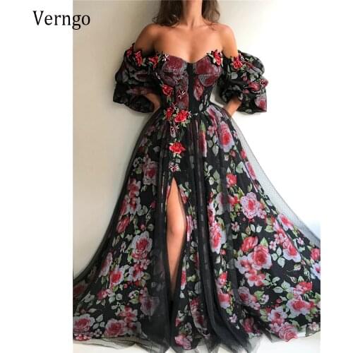 Verngo 2021 New Black Tulle Silk Rose Flowery Printed A Line Prom Dresses Long Puff Sleeves Sweetheart Slit Chic Evening Gown
