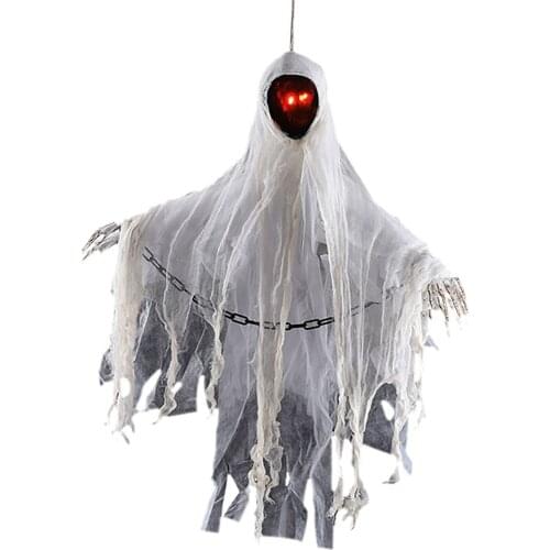 Hanging Faceless Ghost Decoration-Halloween Prop with Light-up Eyes Decor White Luminous Voice Control Ghost Toy
