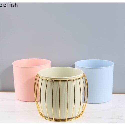 Simple Plastic Storage Bucket Golden Storage Basket Desktop Stationery Storage Decorative Tabletop Small Trash Can Organizer