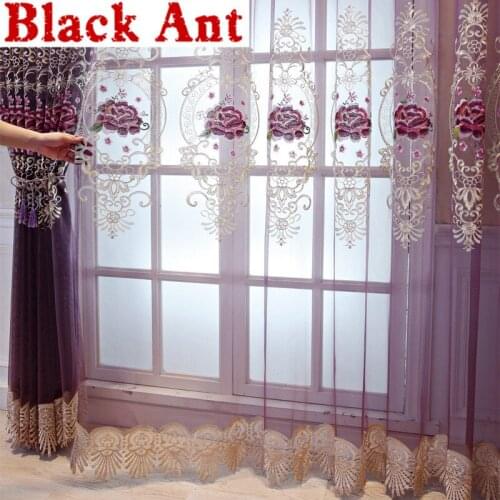 Purple Luxurious Tulle Curtain For Living Room Embroidery Window Screen Bedroom Kitchen Drape Panel High End Sheer Curtain JD834