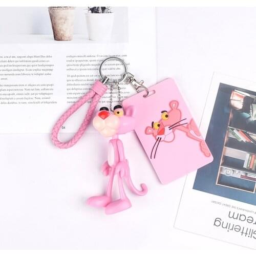 Pink Panther Leopard Cartoon Credit Card Key Holder Keychain Cactus Student Card Cover Bag Bank Bus ID Key Case Mini Card D154