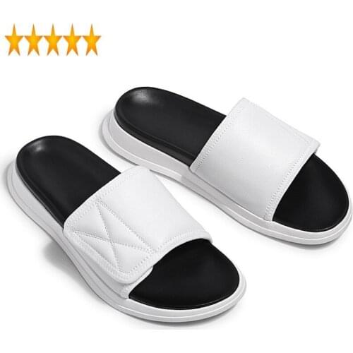 Outside Mens Summer Antiskid New Slides White Black Fashion Slip On Beach Hook Loop Platform Genuine Leather Slippers