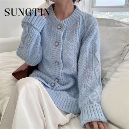 Sungtin Button Design Women Solid Oversized Cardigan Sweater Korean Fashion Knitted Cardigan Casual Loose Vintage Classic 2021
