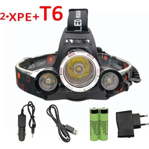 T6 +2 x XPE LED Headlamp 3 LED Headlight 4 Mode Head Lamp Light Rechargeable Flashlight Torch Lantern +18650 Battery + Charger