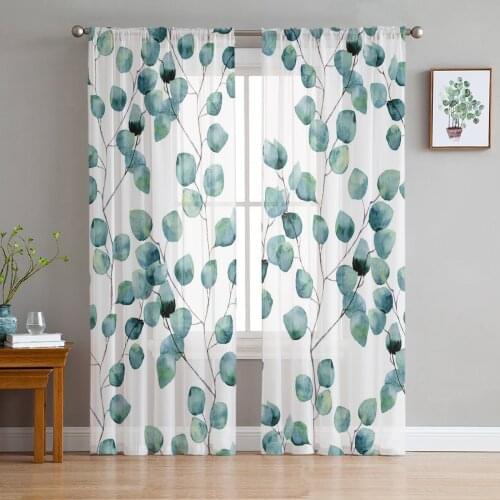 Green Leaves Branches Tulle Sheer Window Curtains for Living Room Kitchen Children Bedroom Voile Hanging Curtain