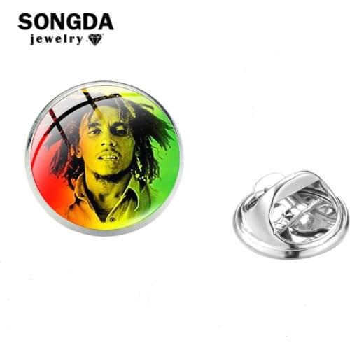 SONGDA Hip Hop Bob Marley Lapel Pins Jamaica Singer Reggae Rastafari Art Pattern Glass Cabochon Stainless Steel Pin Men Jewelry