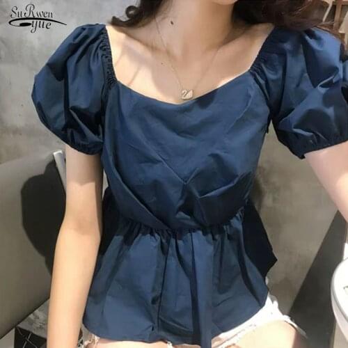 Korean Fashion Ruffled Patchwork Solid Blouses Summer Slash-Neck Waist Slim Woman Top Female Short Sleeve Clothes Blusas 14551