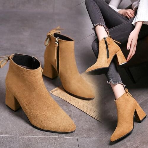 Winter leisure pointed toe womens ankle boots thick high heels warm high heels snow high quality lace-up zipper ladies shoes 43