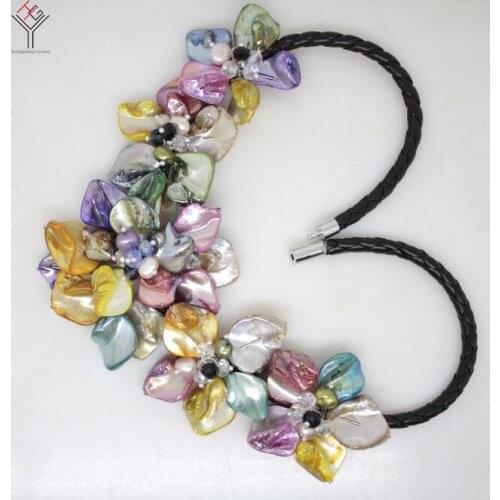 Women Classic Jewelry natural pearl Crystal mixed 5 flower pendant Multicolor shell mother of pearl necklace black leather 18"