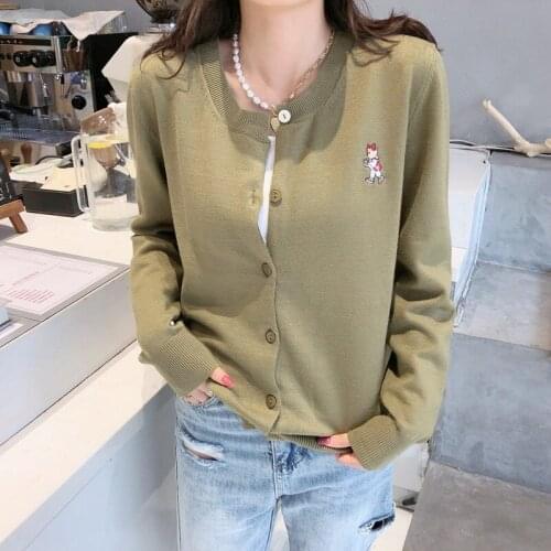 Women Sweater Autumn Winter Knitted Female Cardigan Slim Fit Streetwear Knit Sweater Coat Cute Cartoon Print V Neck Women Jacket