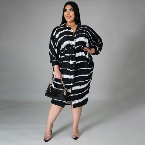 Plus Size Loose Dress Turn Down Collar Long Sleeved Buttons Irregular Swing Striped Shirt Dresses Women Wholesale Dropshipping