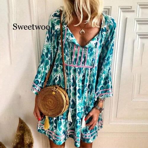 Womens V-neck Tunic Print Mini Dress Long Sleeve Patchwork High Waist Ladies Short Dresses 2020 Summer Female Loose Vestidos