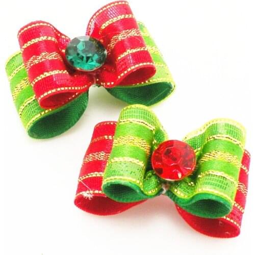 100PC/Lot Red Green Dog Accessories Glitter Dog Grooming Bows Christmas Pet Dog Hair Bows Rubber Bands