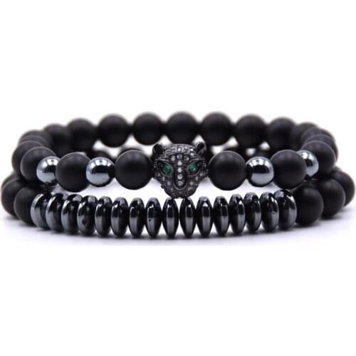 2PCS/set CZ Zirconia Leopard head Charms Bracelet Matte stone 8mm Beads Bracelets For Women jewelry gifts pulseras