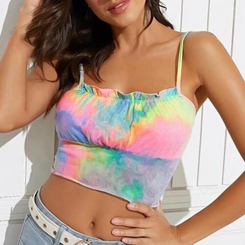 70% Dropshipping!!Camisole Tie Dye Print Backless Vest Sexy Women Spaghetti Strap Crop Top for Summer
