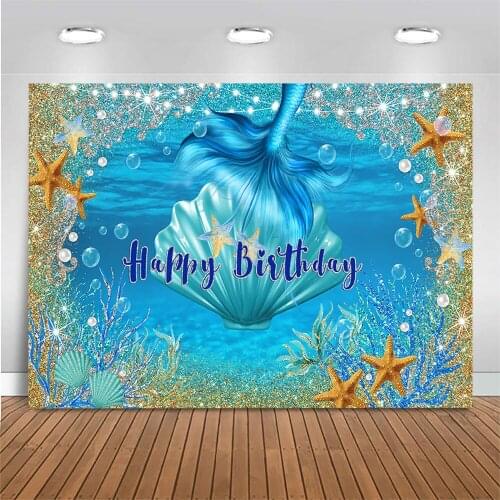 Glitter The Underwater World Birthday Backdrop for Photography Mermaid Princess Birthday Party Background Decor Scallop Starfish