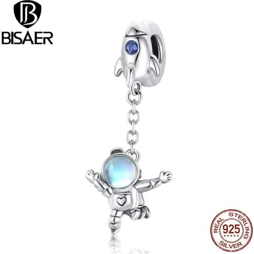 BISAER 925 Sterling Silver Spaceship & Astronaut Charms Animal Beads fit Bracelet Beads for Silver 925 Jewelry Making ECC1695