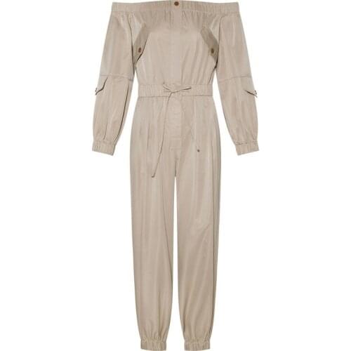 Buttoned Off Shoulder Drawstring Belt Full Length Pants Long Jumpsuits One Piece Overalls