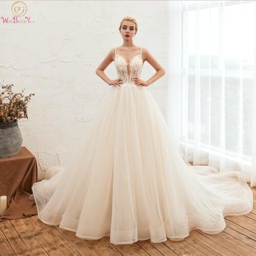 Elegant Beach Wedding Dresses 2020 Spaghetti Strap Sweetheart Tulle Lace Applique A Line Chapel Train Bride Gown Walk Beside You