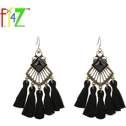 F.J4Z Hot Vintage Earrings for Women Fashion Bronze Hollow Alloy Faux Stone Black Tassel Drop Earrings Brincos anting-anting