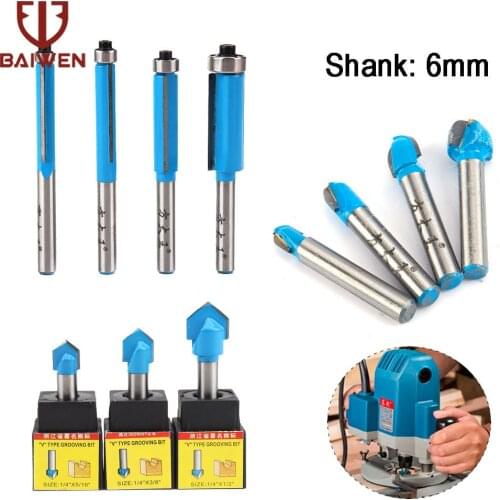 1pc 6mm Shank Flush Trim / Straight End / V Type Woodworking Router Bit Carpenter Milling Cutter For Woodworking Tools