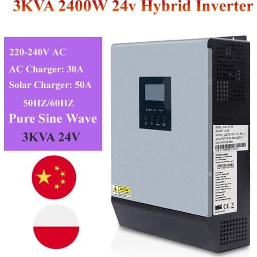 3KVA 2400W 24v 220v Hybrid Solar Inverter Pure Sine Wave with 50A solar charger controller and 30A AC to DC battery charger