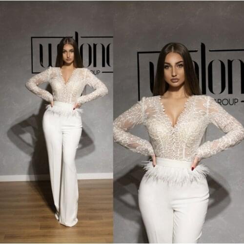 Jumpsuits Prom Dresses Feather Waistband Lace Applique Evening Gowns A Line Jewel Neck Formal Dress