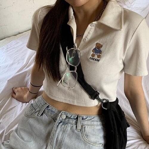 Korea Ulzzang tops ins kawaii women clothing Summer short bear embroidery plus size women T-shirt cute loose Harajuku tees