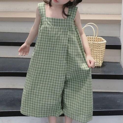 Girls' Summer Pants Plaid Sling Korean Jumpsuit 2021 Summer New Wide Leg Pants Baby Kids Clothes ChildrenS Clothing