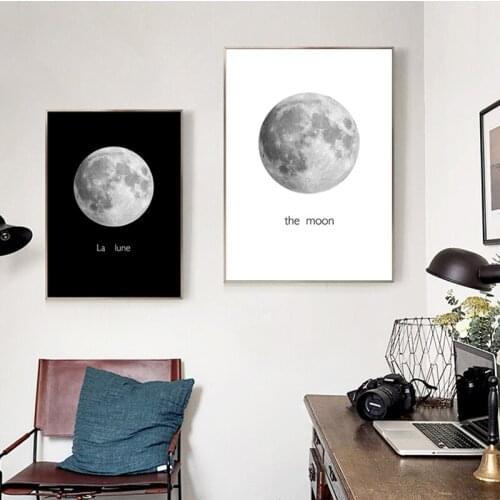 Moon Planet Space Art Poster Black White Minimalist Wall Picture Modern Home Children Room Decoration Abstract Art Unframed