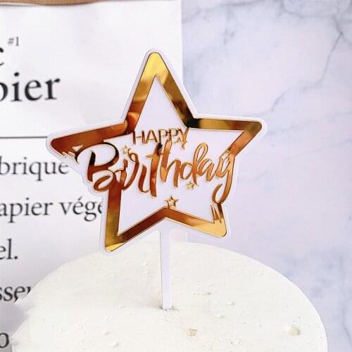 New Gold Rose Cupcake Topper For Girls Kids Birthday Party Cake Decorations Baby Shower Star Happy Birthday Acrylic Cake Topper