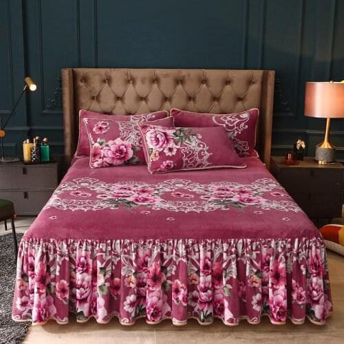 2020 new products Thickened warm milk fleece Bed spread Fitted Sheet Pillowcases 2/3 pcs Ruffled lotus lace Princess bedding